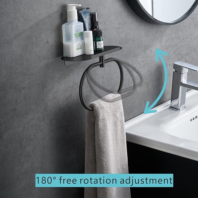Towel Ring with Shelf, Heavy Duty Stainless Steel Bathroom Hardware, Adhesive No-Drill or Drill Mount Wall Mounted Towel Holder for Bathroom and Kitchen (Black)