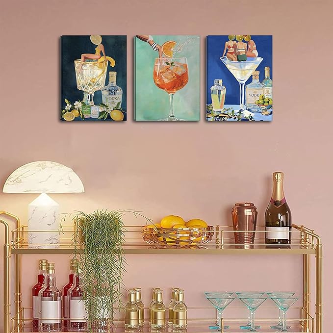 Vintage Cocktail Canvas Wall Art Set of 3, Retro Dirty Martini Bar Cart Wall Decor Paintings, Preppy Alcohol Aesthetic Posters Prints Pictures for Bar College Girls Apartment Dorm 12x16 Inch Framed