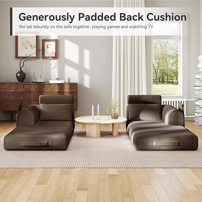 Upgrade High Backrest Design Sofa Bed with Fixed-Shape Frame & Removable Armrests and Backrest, Corduroy Fabric, Convertible Mattress Couch for Small Spaces - No Assembly Neede (High Backrest Brown)