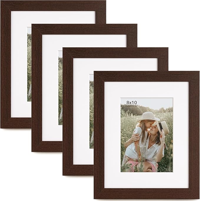 8x10 Picture Frame with Mat for 5x7 Set of 4, Walnut Wood Grain 8 x 10 Dark Brown Gallery Wall Picture Frames for Tabletop or Wall Mounting(4 Pack, Walnut)