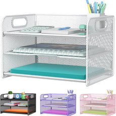 Samstar 3 Tier White Letter Tray Paper Organizer with Handle, Mesh Desk Organizer Paper Sorter File Rack Shelves, White