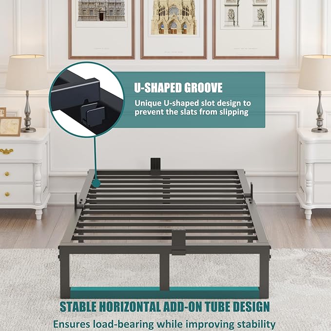 10 inch Twin XL Bed Frame Low Profile Metal Platform Frames with Mattress Slide Stopper,Heavy Steel Slats Support,No Box Spring Needed,Noise Free,Non-Slip,Easy Assembly