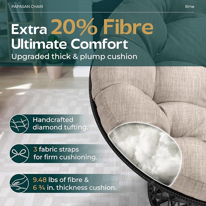Bme 40" Ergonomic Wicker Papasan Chair with Soft Thick Cushion & Frame, 360° Swivel Papasan Chair, Circle Chair, Reading Chair, Chair for Living Room, Bedroom, Silver Cloud - Black Frame