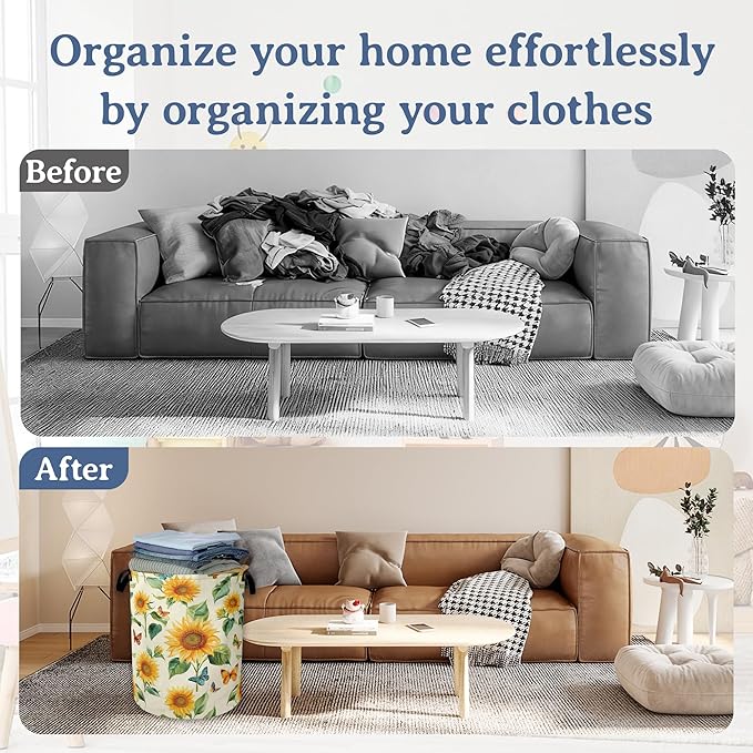 Vintage Sunflowers Laundry Hamper With Handle,Foldable Oxford Cloth Butterfly Flower FLaundry Basket,20.8"x16" Clothes Storage Basket for Laundry Room Bedroom Bathroom