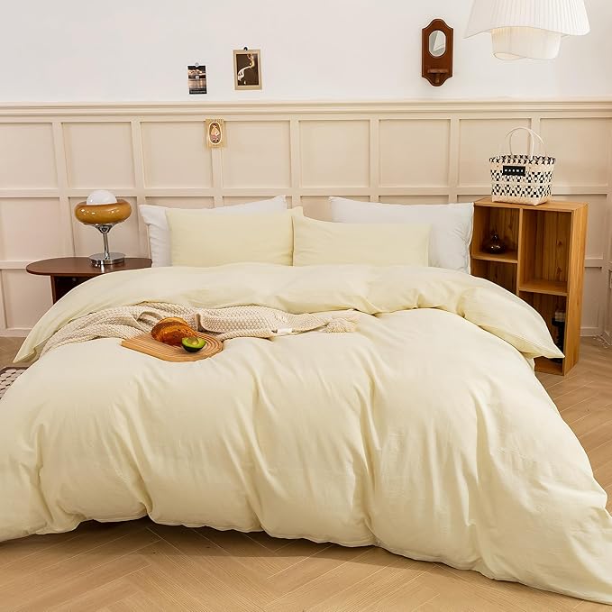 ECOCOTT Duvet Cover Set, 100% Washed Cotton Linen-Like Soft & Breathable, Durable Comfy Bedding Set for All Seasons (Light Yellow, Queen)