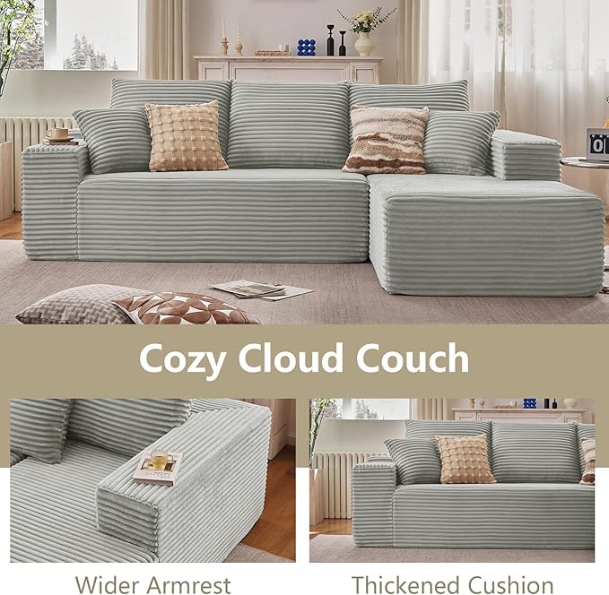 107" Cloud Sectional Couch with L-Shape Chaise, Modern Modular Comfy Sofa Chaise Longue, Upholstered Corduroy Couches Sleeper with Deep Seat for Living Room Bedroom, No Assembly Required, Grey