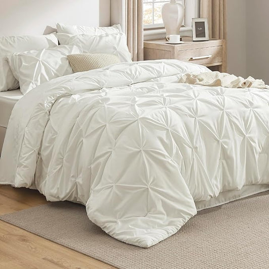 Bedsure Twin Comforter Set Ivory - Bed in a Bag Twin Size Bedding 5 Pieces, GentleSoft™ Pintuck Bed Set Gift for Family, Pinch Pleat Ivory Comforter with Sheets, Pillowcase & Sham
