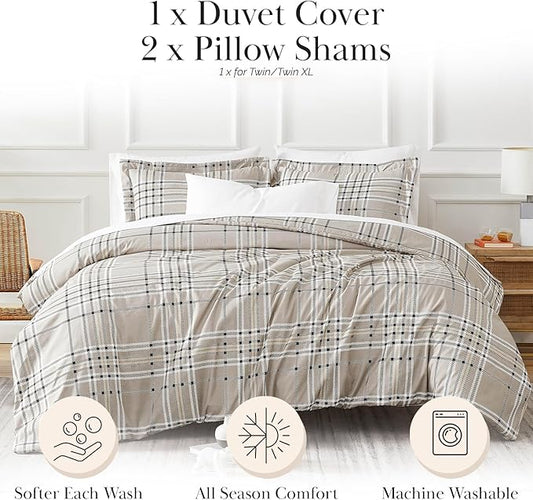 Southshore Fine Living, Inc. Oversized Plaid Duvet Cover Queen Size/Full Size, Checkered Bedding Set, 1 Full/Queen Duvet Cover Set, 2 Pillow Shams Standard Size - Vilano Plaid Mocha