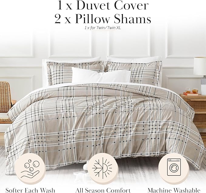 Southshore Fine Living, Inc. Oversized California King/King Duvet Cover Set – Hotel Quality, Easy Care, Fade-Resistant Bedding – Includes 1 Duvet Cover and 2 Pillow Shams, Vilano Plaid Mocha