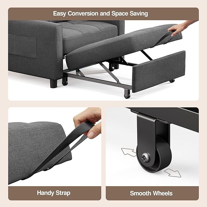 Ahomly Convertible Sofa Bed, 3-in-1 Multi-Functional Sleeper Chair Bed, Adjustable Backrest Recliner with Modern Linen Fabric for Living Room Bedroom Apartment Small Space, Dark Grey