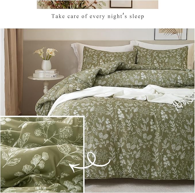 Floral Duvet Cover Twin Size Girl Olive Green Duvet Cover Set with Zipper Closure Soft Cotton Twin Comforter Cover 3 Piece Garden Bedding Set with Boho Leaves Aesthetic Bedding Duvet Cover Set