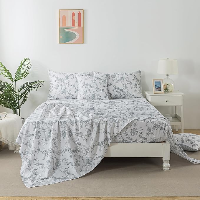 FADFAY Gray and White Sheets Set Full - Shabby Vintage Peacock Floral Bedding, Rustic Farmhouse Style, 100% Cotton Breathable With Deep Pocket Fitted Sheet, 4Pcs, Full Size
