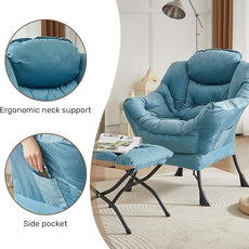 HollyHOME Lazy Chair with Foldable Ottoman, Accent Comfy Lounge Armchair and Folding Footrest Stool, Leisure Sofa Reading Chair and Footstool for Living Room, Bedroom, Dorm,Blue