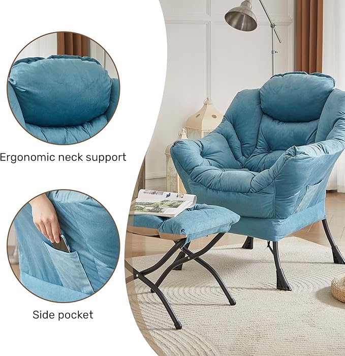 HollyHOME Lazy Chair with Foldable Ottoman, Accent Comfy Lounge Armchair and Folding Footrest Stool, Leisure Sofa Reading Chair and Footstool for Living Room, Bedroom, Dorm,Blue