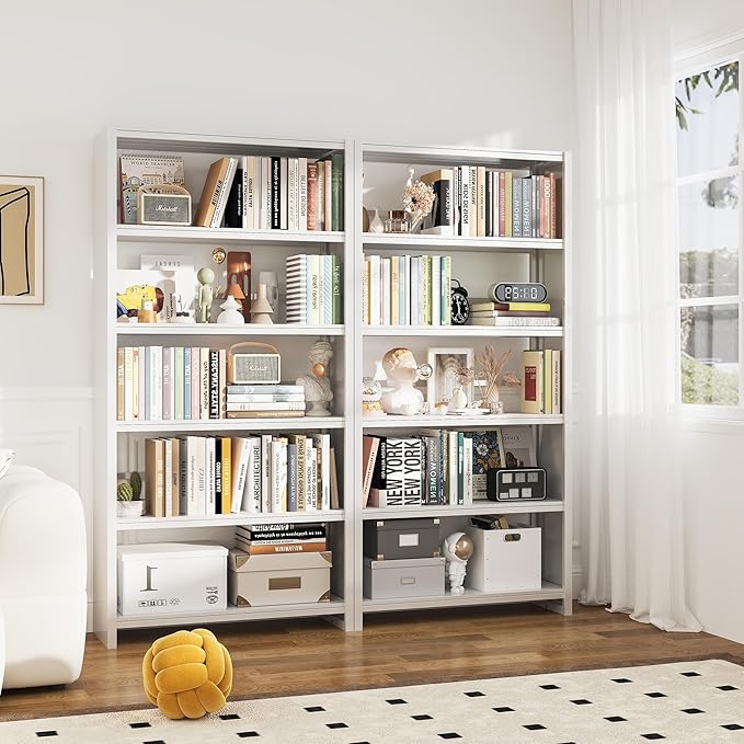 Book Shelf 69" H, 5-Tier Metal Shelving, Modern White Bookcase, Wide Bookshelf for Bedroom, Livingroom, Home Office, Library, Screw-Free Installation