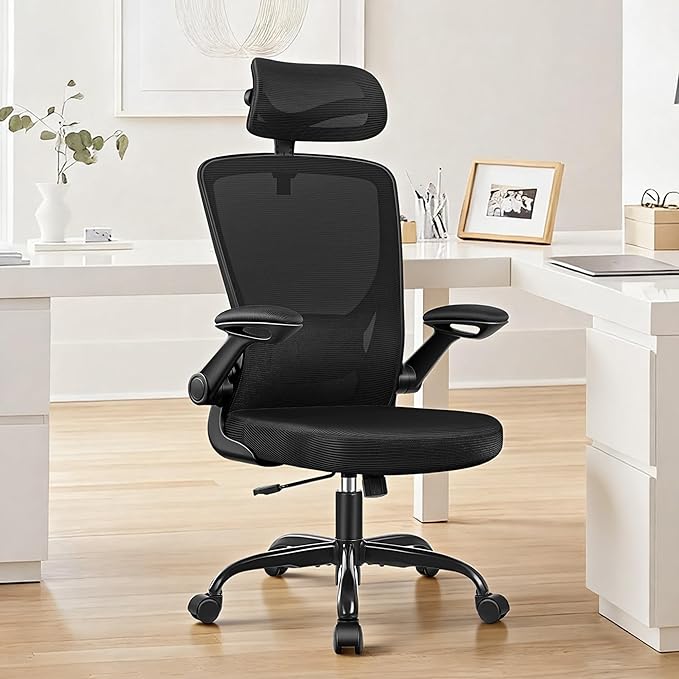 Ergonomic Office Desk Chair, Home Mesh Office Desk Chairs with Adjustable Lumbar Support, Headrest, Flip-up Armrests, High Back Computer Chair for Gaming, Work, Black