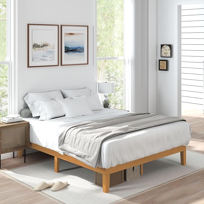 Sweetcrispy Solid Wood Bed Frame, Queen Size Bed Base with Wood Slat Support, Sturdy, Stylish & Noise-Free Design, No Box Spring Needed, Easy Assembly, 12 in Natural Pine