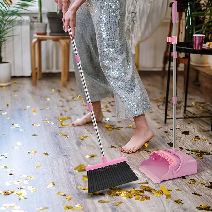 kelamayi Broom and Dustpan Set for Home, Office, Indoor&Outdoor Sweeping, Stand Up Broom and Dustpan (Pink)