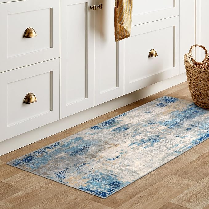 Lahome Modern Abstract Laundry Rug Runner, 2x4.3 Washable Throw Carpet Runner for Entryway, Soft Non-Slip Indoor Mat Runner Rug for Kitchen Master Bedroom Living Room Seat Door, Blue/Yellow/Ivory