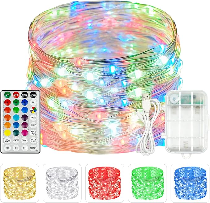 RGB Color Changing 33Ft 100LED Christmas Fairy Lights Battery Operated, Waterproof String Lights USB Powered with Timer for Indoor & Outdoor,18 Colors and Multicolor for Girl's Bedroom Christmas Decor