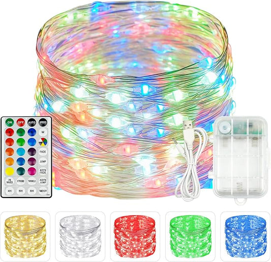RGB Color Changing 33Ft 100LED Christmas Fairy Lights Battery Operated, Waterproof String Lights USB Powered with Timer for Indoor & Outdoor,18 Colors and Multicolor for Girl's Bedroom Christmas Decor