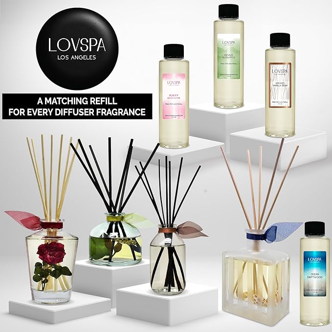 LOVSPA Reed Diffuser Set, PURIFY Rosewater Scented Oil Diffuser with Sticks, Home Fragrance Accessories for Bathroom Shelf Decor, Aroma Diffusers for Home or Office Desk, USA Made