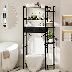 Over The Toilet Storage Cabinet with 2 Drawers - 7 Tier Bathroom Organizer with Adjustable Shelf & Side Rack, Hair Dryer Toilet, Paper Holder & 2 Hooks for Restroom, Laundry, Black