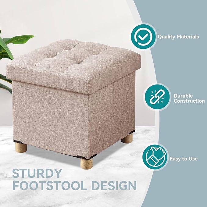 BRIAN & DANY Ottoman with Storage, Small Storage Ottoman for Dorm, Linen Folding Ottoman Foot Stool with Legs for Living Room and Bedroom, 15"x15"x15" - Beige