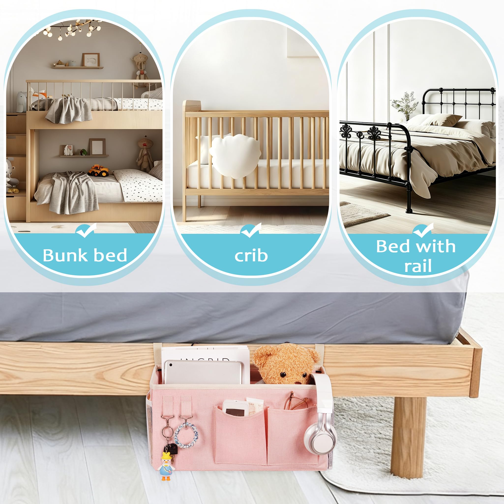 Loghot Bedside Caddy/Bedside Storage Bag Hanging Organizer for Bunk and Hospital Beds,Dorm Rooms Bed Rails,Can be Placed Glasses,Books,Mobile Phones,Keys (Light Pink) Dormly