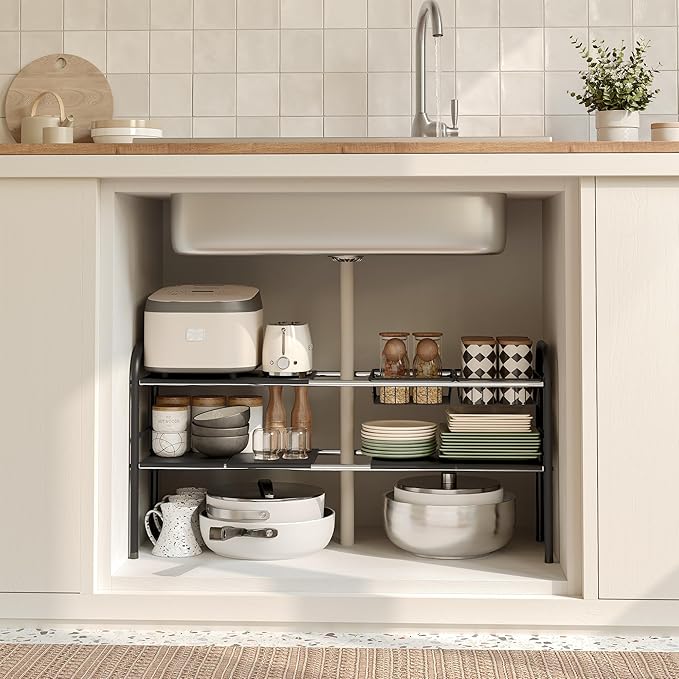 NETEL Under Sink Organizers and Storage, 2 Tier Expandable Under Cabinet Organizer Shelf with 2 Baskets and 6 Panels, Expandable Shelf for Cupboard, Kitchen, Bathroom, Shoe Storage Rack