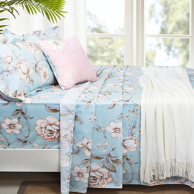 FADFAY Shabby Floral Bed Sheet Set California King Cotton Farmhouse Bedding Set 4 Piece：1 Flat Sheet +1 Fitted Sheet +2 Pillow Shams