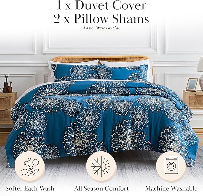 Southshore Fine Living, Inc. Floral Duvet Cover Twin/Twin XL Set - Premium Quality Microfiber Twin/Twin XL Bedding Sets, Easy Care, Machine Washable Twin Duvet Cover w/Pillow Sham - Midnight Blue