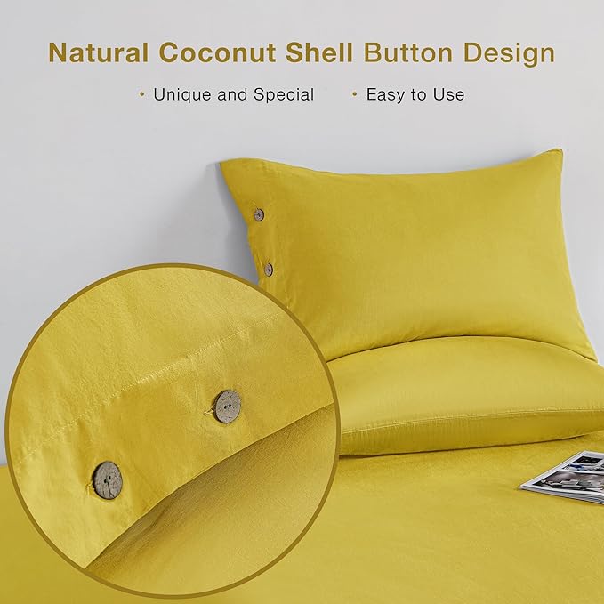 JELLYMONI Pillowcases Standard Set of 2 Cotton Button Pillow Covers 20×26in Yellow Bed Pillow Cases 100% Washed Cotton Soft Breathable (Pillows are not Included)