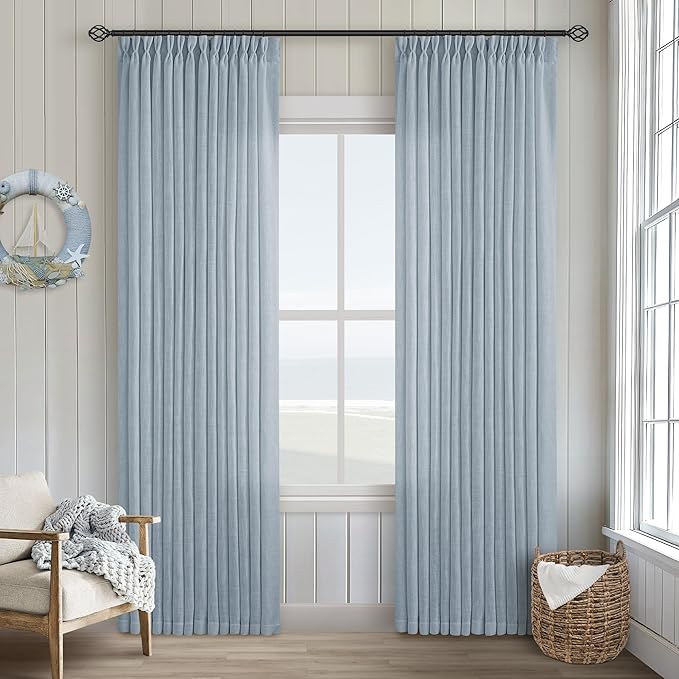 Dusty Blue Pinch Pleated Linen Curtains 84 Inches Long 2 Panels Set for Living Room Dining Pinch Pleat Back Tab Light Filtering Boho Coastal Window Curtain Drapes 84 Inch Length Light Sky Blue