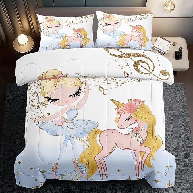 Golden Unicorn Girls Comforter Set Twin Kawaii Unicorn Bedding Set Twin Cute Horse Comforter Girls Bedroom Decor White Animal Print Bedding Bed Decor Animal Print Quilt
