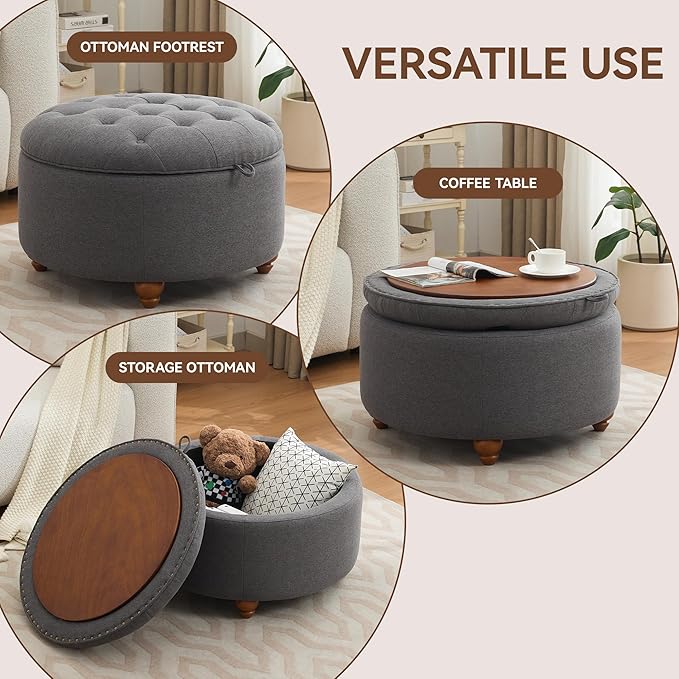 30Inch Round Storage Ottoman with Tray, Modern Tufted Fabric Circle Coffee Table with Storage, Upholstered Ottoman with Removable Top for Living Room, Bedroom, Dark Grey