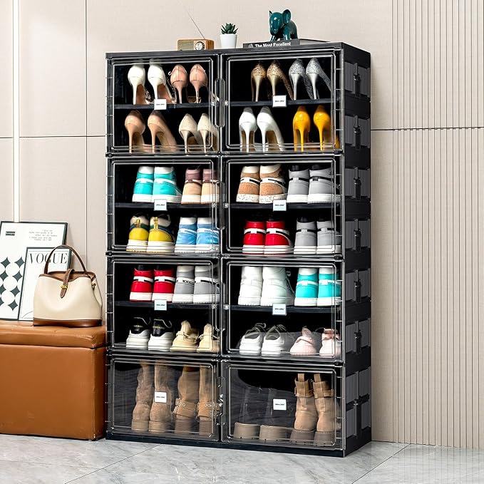 JEKO&JEKO 7 Tiers Foldable Boot Storage Shoe Rack Cabinet for Closet Entryway, Large Collapsible Shoe Organizer with Magnetic Doors (Black)