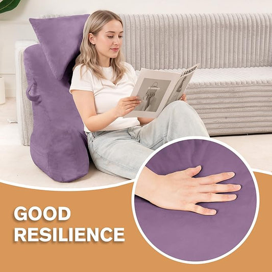 Portable Reading Pillows with Headrest for Bed Sitting Up(Lavender Purple Oeko-Tex), Velvet Back Pillow with Arms & Pockets for Adults, Support Memory Foam Bed Pillow for Dorm/Reading/Gaming