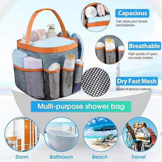 Attmu Mesh Shower Caddy Portable for College Dorm Room Essentials with 8 Pockets, Hanging Shower Caddy Dorm Basket, Quick Dry Shower Bag for Bathroom