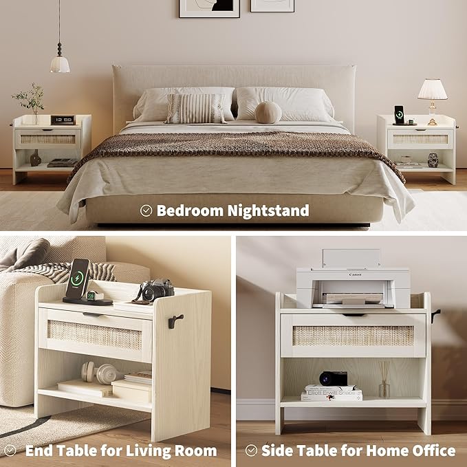 Rattan Nightstand, Bedside Table with Type-C Charging Station - 1 Storage Drawer & Open Storage Space, Boho End Table Side Table for Bedroom Office, Large Night Stand with Charging Port