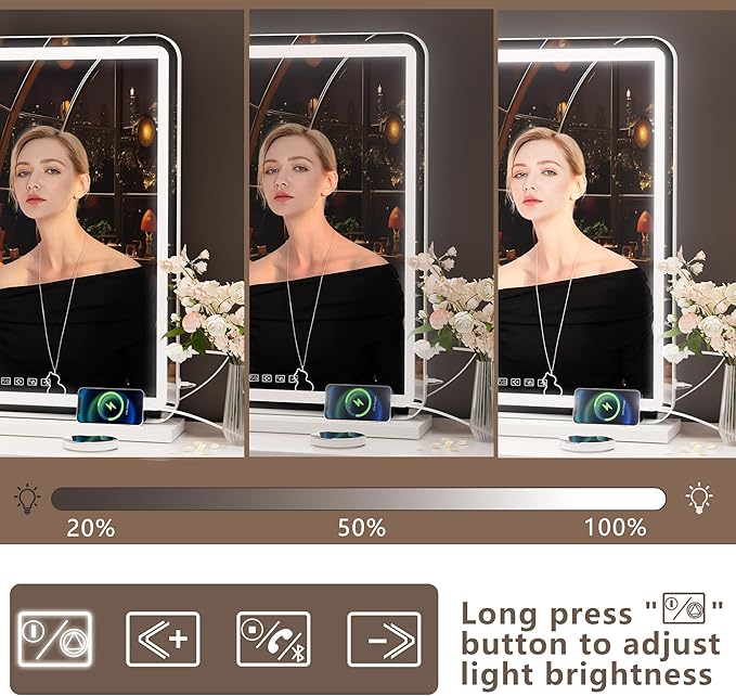 Hasipu Vanity Mirror with Lights and Bluetooth Speaker, 32" x 21.7" LED Makeup Mirror, Lighted Makeup Mirror with Dimmable 3 Modes, USB Charging Port, Round White