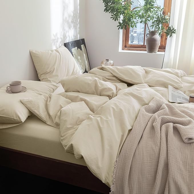 FOSSA Duvet Cover Set 100% Washed Cotton Linen Feel Super Soft Breathable Cozy 3 Pieces Bedding Sets Solid Almond Grey Super King