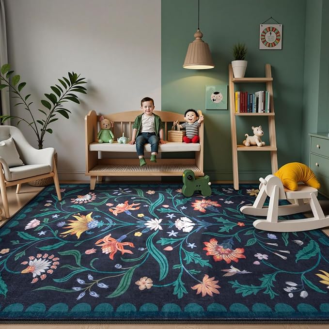 Lahome Boho Floral Washable Dark Blue 8x10 Area Rugs for Living Room, Non Slip Rugs for Bedroom, Ultra-Thin Indoor Throw Dining Room Carpet for Under Table Home Office Farmhouse(Dark Blue,8x10)