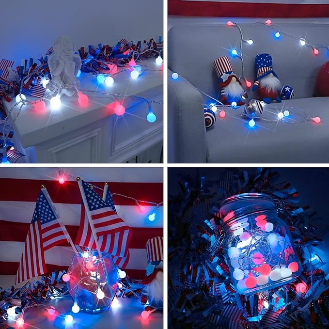 suddus Fairy Lights, 50 Led Battery Powered String Lights, Globe String Lights for Flag, Backyard, Patio, Garden, Party, Bedroom, Living Room, Classroom, Christmas, Red White and Blue