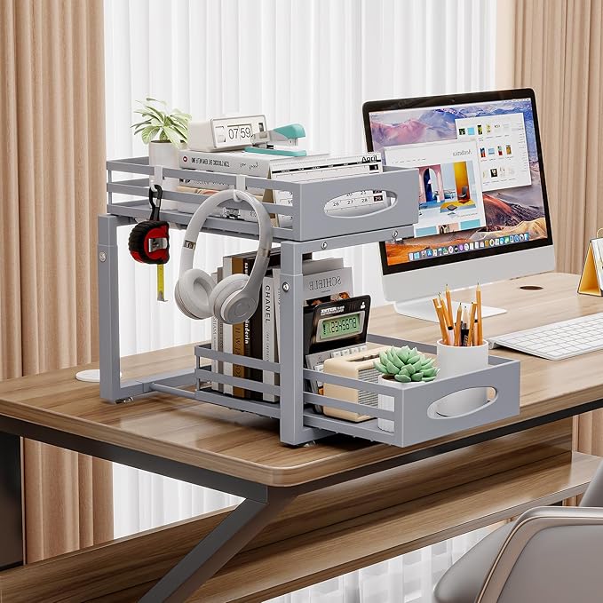 Under Sink Organizer, 2 Tier Under Sink Organizers and Storage, Adjustable Height, Slide Out Metal Cabinet Organizers, Pull Out Cabinet Storage Drawer Shelf for Kitchen Bathroom