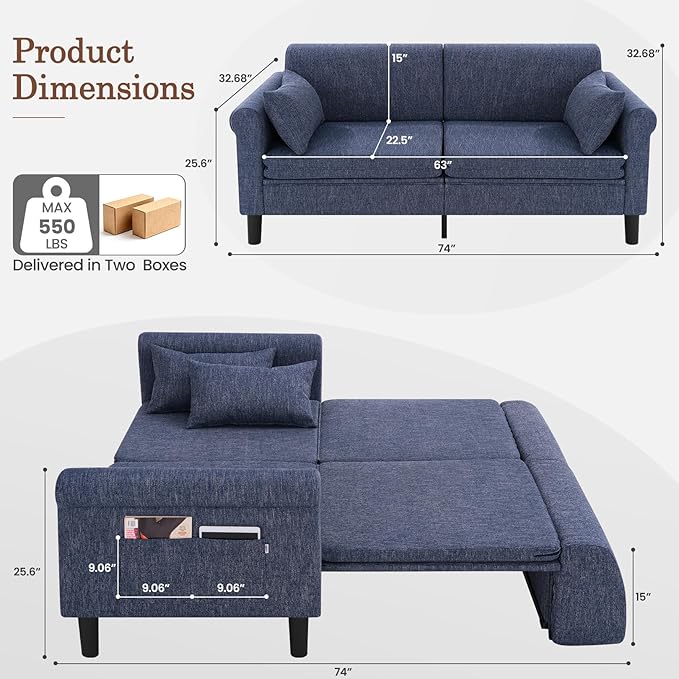 SEJOV 74" Convertible Sofa Bed, 5-in-1 Loveseat Sleeper Sofas with Pull Out Couch Bed, Storage Pockets & 2 Pillows, Modern Folding Linen Futon Couch for Living Room, Bedroom, Small Space, Blue