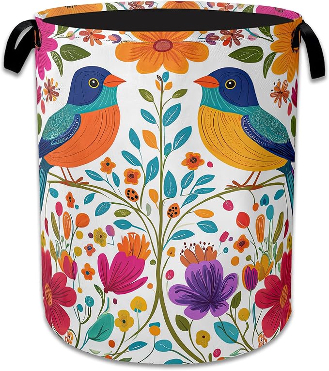 Bird Flower Laundry Basket,Oxford Cloth Mexico Laundry Hamper With Handle Foldable Portable Clothes Storage Basket for Laundry Room/Bedroom/Bathroom 20.8"x16"
