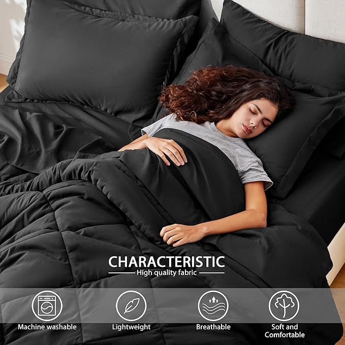 Love's cabin Twin Comforter Set Black, 5 Pieces Twin Bed in a Bag, All Season Bedding Sets with 1 Comforter, 1 Flat Sheet, 1 Fitted Sheet, 1 Pillowcase and 1 Pillow Sham
