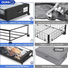 Beborxue Under Bed Storage with Wheels, 4-Pack UnderBed Storage Containers with Clear Lids, XXL 60L Under the Bed Storage Organizer Bins, Rolling Under Bed Metal Drawer for Clothes,Shoes,Toys (Black)