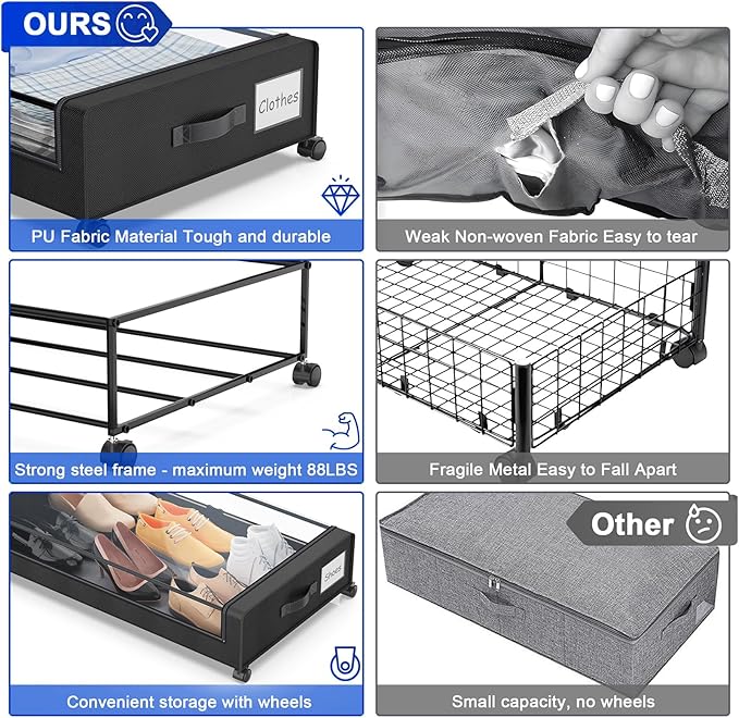 Beborxue Under Bed Storage with Wheels, 4-Pack UnderBed Storage Containers with Clear Lids, XXL 60L Under the Bed Storage Organizer Bins, Rolling Under Bed Metal Drawer for Clothes,Shoes,Toys (Black)